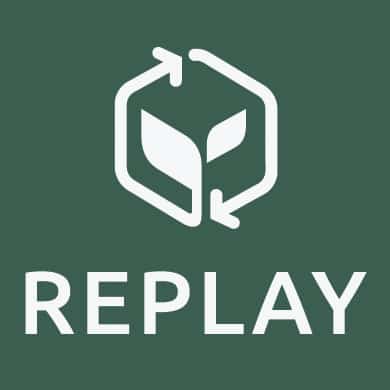 Replay Products | The eco-friendly replay logo on a green background.