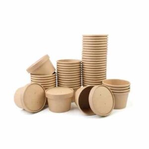 Replay Products | Kraft + PE Soup Container with Paper Lid from Replay Products - a group of brown paper pots on a white background.